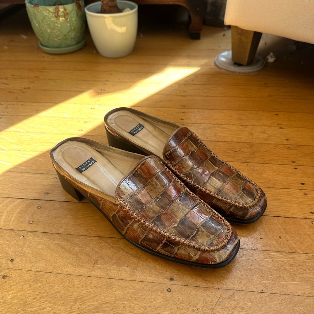 Stuart Weitzman Brown Croc-Embossed Mules
